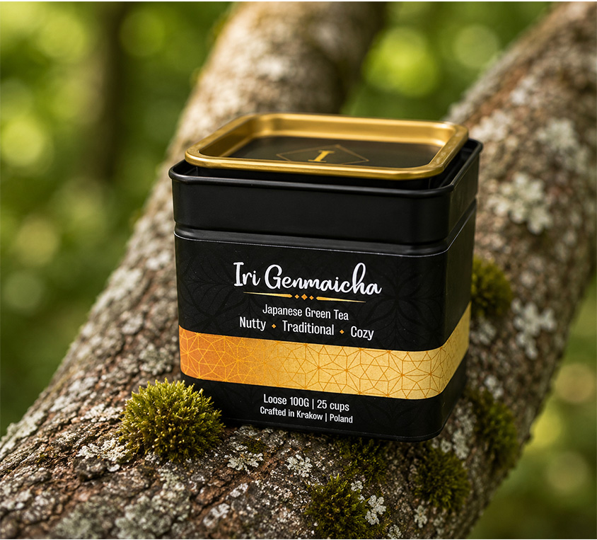 Iri Genmaicha Leo Tea – elegancka puszka, doypack i kubek prezentowy